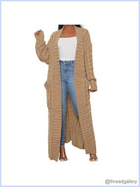 Women's Cable Knit Open Front Maxi Cardigan Long Ankle Length Sweater